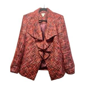 Chico's Tweed Blazer Jacket Coat Ruffle Cataline Pink Size 2